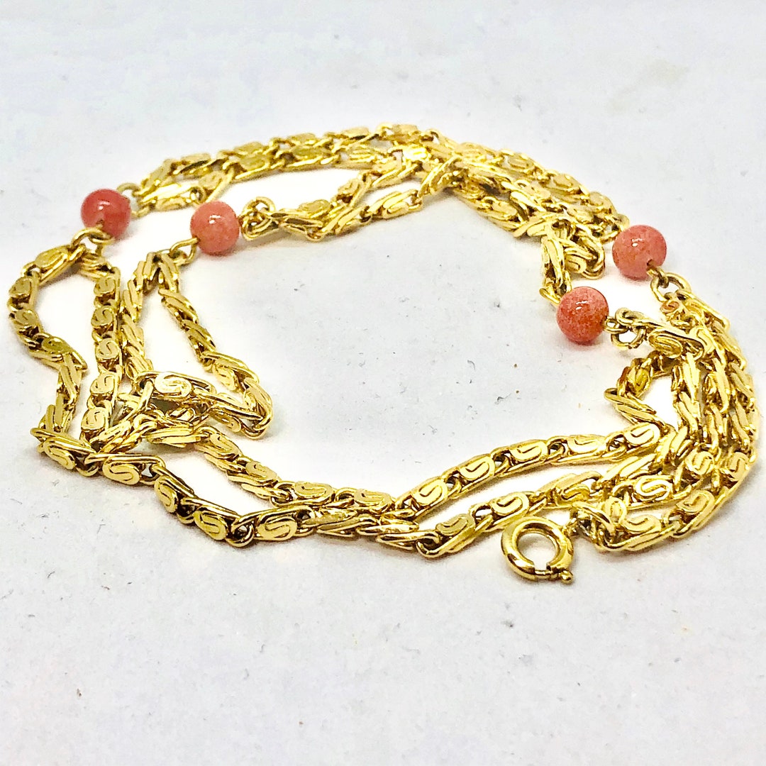 Gold Vermeil Double CHAIN NECKLACE Glass Coral Beads Gold Textured