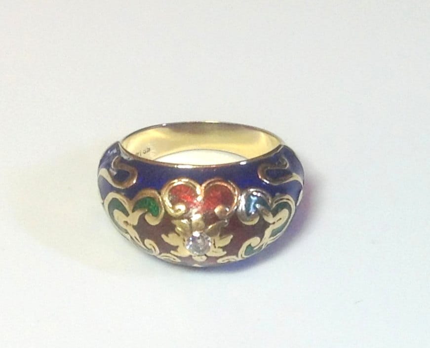 Heirloom  ENAMEL & DIAMOND GOLD Ring With Sparkling Central Diamond - Fine Jewelry - Rare Piece - Statement Jewel
