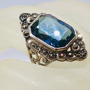 Vintage Sterling Silver Marcasite Cocktail Ring: Emerald Cut Blue Glass