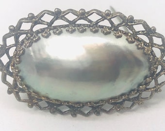 Sizable Estate 14k White GOLD BAROQUE Pearl BROOCH - Lustrous  - C Clasp - Open Work White Gold  Setting -  Craftsmanship