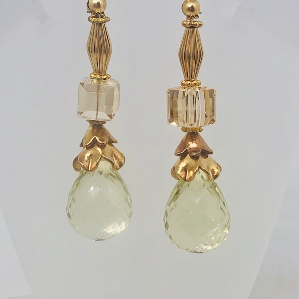 BOUCLES D'OREILLES Pendantes ARTISAN CITRON quartz à facettes - Pierres précieuses - Zircone cubique - Apprêts en or et vermeil - Pièces uniques en leur genre