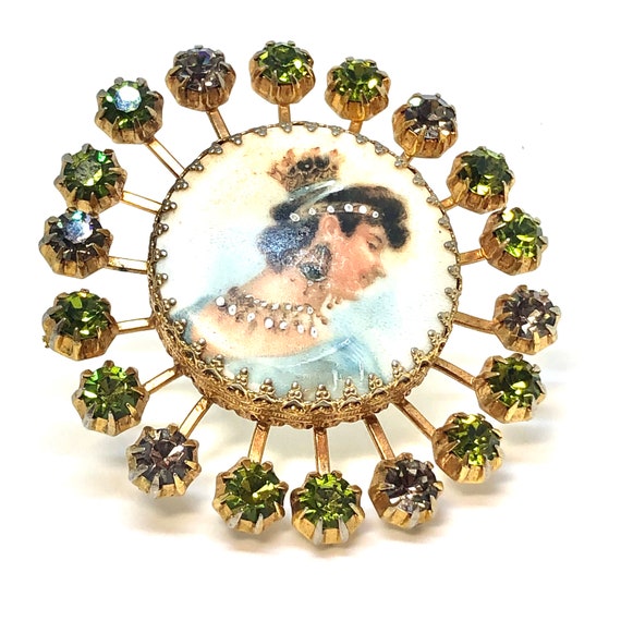 Vintage Victorian Revival Portrait Brooch: Austrian Crystal Lady Pin