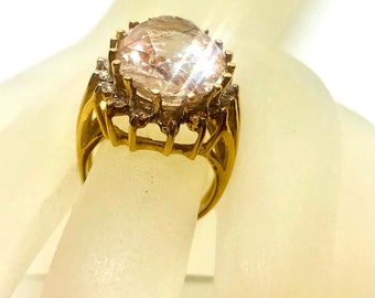 Estate 14k Gold Rutilated Quartz Ring with Diamond Accents