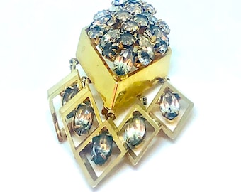 Estate Retro RHINESTONE BROOCH - Workmanship - Geometric Design - Faceted Gray RHINESTONES - Diamond Shape - Diamond Dangles