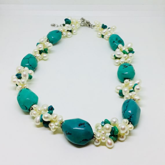 TURQUOISE and Freshwater PEARL NECKLACE- Vintage Sterling Silver