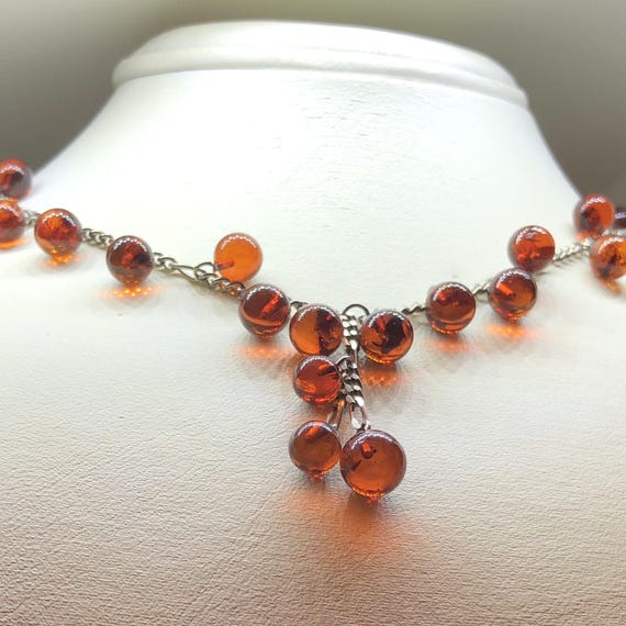 AMBER STERLING NECKLACE - Round Natural Amber Bea… - image 1