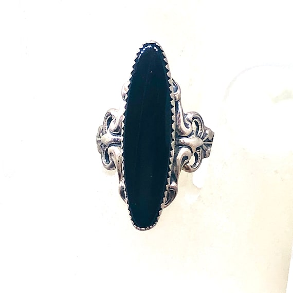 Long Oval Silver BEAU STERLING RING Shiny Black Onyx Hallmarked