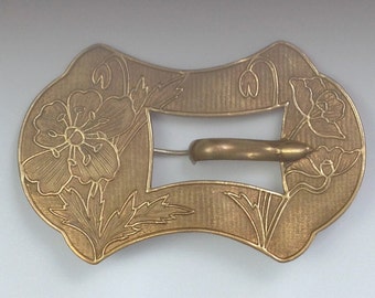 ANTIQUE BELT BUCKLE - Victorian - Art Nouveau - Gorgeous Etched Raised Flower Design - Pristine Vintage