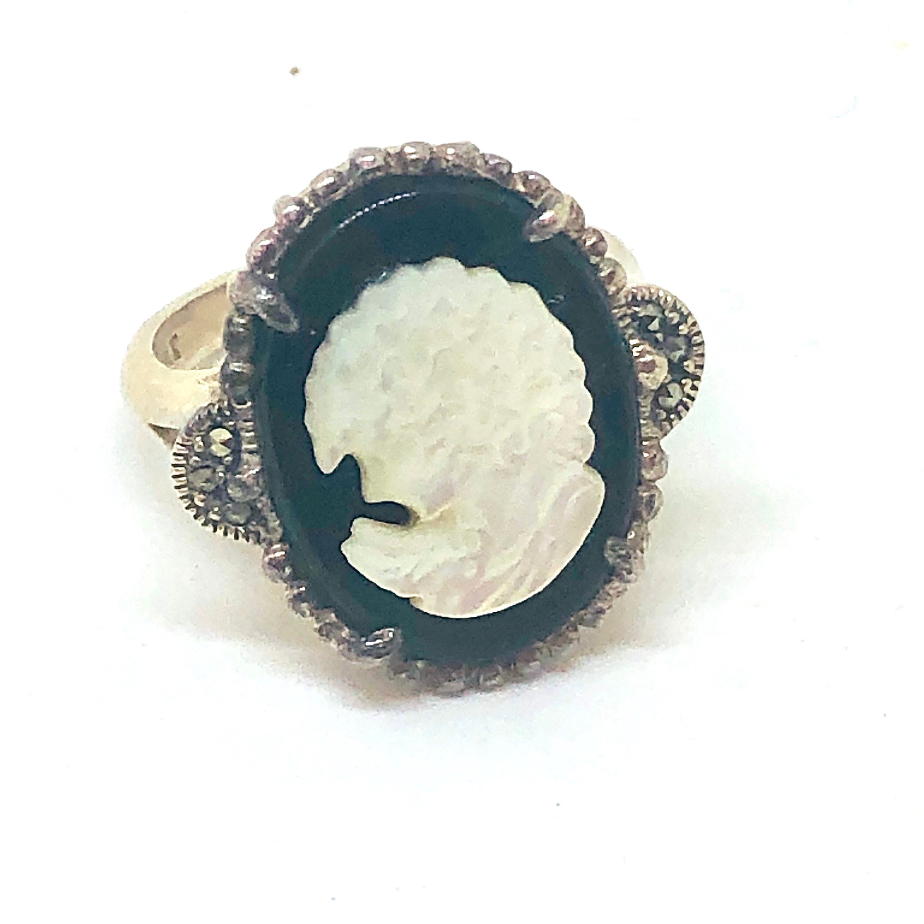Large Oval STERLING Silver Mother of Pearl Cameo Face RING Oval