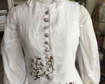 Hand Embroidered Linen Waistcoat - 18th Century Style Outlander Vest