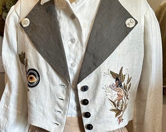 Outlander Apothecary Waistcoat: Hand Embroidered Linen Vest with Fox Horn Buttons