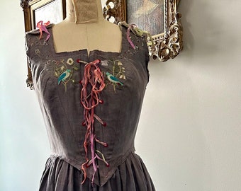 Elvish Renaissance Style Linen Hand Embroidered bodice & Skirt Fairies Woodland Birds Forest Flowers