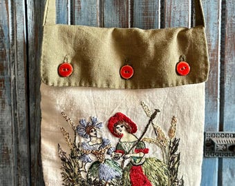 Hand Embroidered Linen Quilt Square: Vintage Garden Fairies Silk Floss