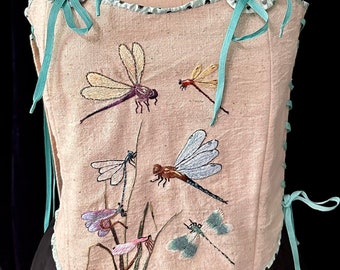 Vintage Grain Sack  Hand Embroidered Dragon Fly Elizabethan Corset Bodice Renaissance Fairy Magic Boho Theatre Wedding