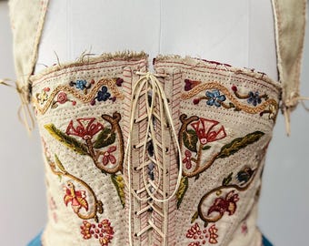 Elizabethan Corset Jacobean Silk Hand Embroidery Renaissance Gypsy Goth Bohemian Antique Linen