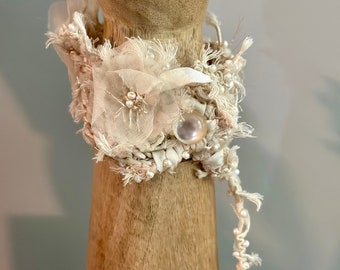 Wedding Romance  Fiber Art Bracelet Bohemian Flowers Vintage Silk Pearls Ribbon Tattered Fairy Treasures