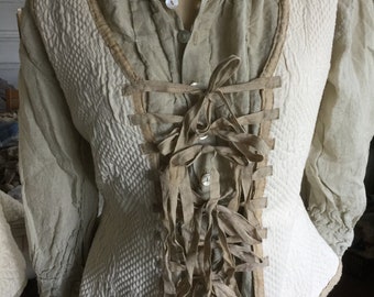 18th Century Style Quilted Bodice Vest Outlander Black Sails Regency Colonial Renaissance Boho Linen Ribbons Wedding Theater