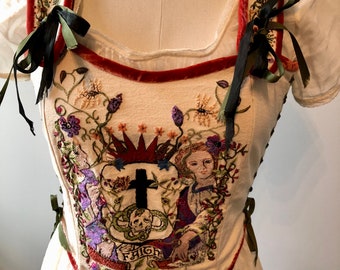 Hand Embroidered Corset Bodice Renaissance Alchemy Goth Magic Saints Angels