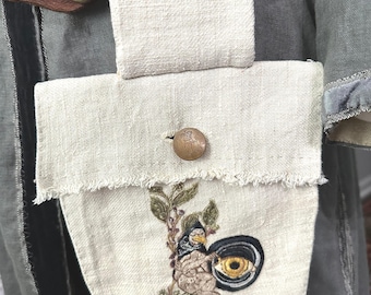 Apothecary Belt Pouch Hand Embroidery Antique Linen Medieval Beastiary Goth Bohemian Renaissance Alchemy