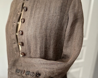 Handmade Herringbone Linen Tweed Frock Coat Victorian Style Horn Buttons Bohemian Romance
