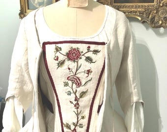 18th CENTURY JACKET and Stomacher Made to Order Hand Embroidered Antique Linen Outlander Highland Colonial Wedding