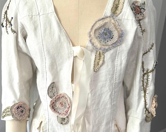 Hand Embroidered Linen Caraco Jacket: 18th Century Style Wedding Bodice