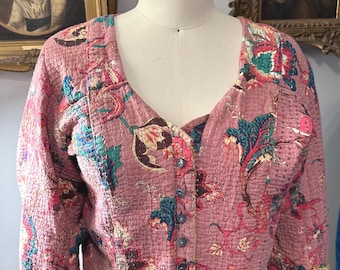 Handmade Kantha Quilt Caraco Jacket: 18th Century Floral Jacobean Style