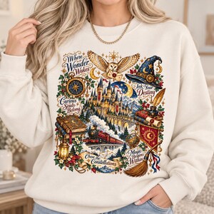 May include: A cream-colored crewneck sweatshirt featuring a colorful graphic print of a castle, a steam train, an owl, a wizard hat, books, and a broom. The text reads: Where Wonder Wakes, Curious Souls Belong, Ink Your Destiny, Magic Begins Within, and Chase the Constellations.