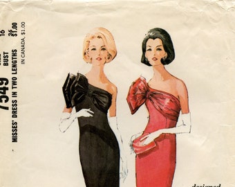 1960s McCall's Pattern 7549; Exclusive design by Pauline Trigere; Misses sz 16, Bust 36; Off Shoulder Dress in 2 lengths; Elegant Gown, Used