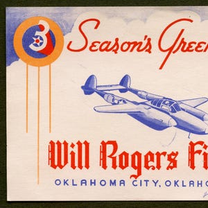Cartão de Natal dos anos 1940; Will Rogers Field, Oklahoma City, OK; P-38 Lightning, Segunda Guerra Mundial; Lado único, sem envelope; Design Art Déco, Cartão raro!