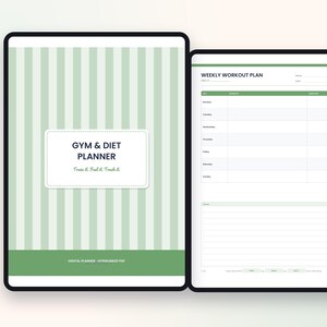 Może przedstawiać: Cyfrowy planer ćwiczeń i diety wyświetlony na dwóch ekranach. Lewy ekran pokazuje jasnozieloną okładkę w paski z napisem Gym & Diet Planner, Train it. Feel it. Track it. Prawy ekran przedstawia szablon tygodniowego planu treningowego.