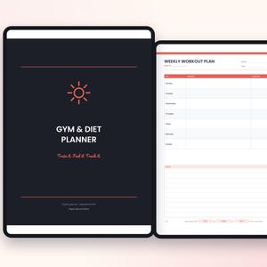 Może przedstawiać: Cyfrowy planer ćwiczeń i diety wyświetlony na dwóch ekranach. Lewy ekran pokazuje ciemną okładkę z ikoną słońca i napisem GYM & DIET PLANNER. Train it. Fuel it. Track it. Prawy ekran przedstawia szablon tygodniowego planu treningowego.