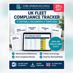 May include: A digital product display for UK Fleet Compliance Tracker featuring 17 editable documents and templates. The graphic includes a laptop screen showing a spreadsheet, various forms, and text detailing vehicle checks and maintenance.