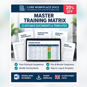 May include: A digital product bundle titled Core Workplace Docs Master Training Matrix featuring 12 editable documents and templates. The display shows a laptop screen with a training matrix spreadsheet and several printed document pages.