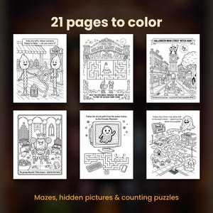 Puede incluir: Una colecci&oacute;n de 21 p&aacute;ginas para colorear con ilustraciones de l&iacute;neas en blanco y negro. Las p&aacute;ginas incluyen laberintos, juegos de objetos ocultos y acertijos de conteo con temas como dulces, Halloween y fantasmas.