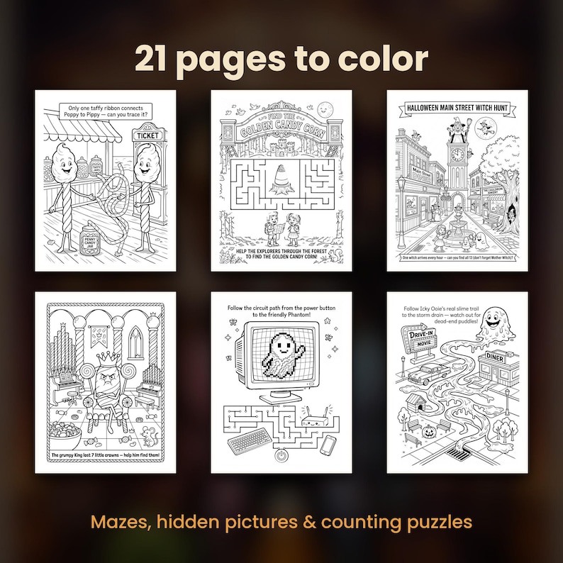 Puede incluir: Una colecci&oacute;n de 21 p&aacute;ginas para colorear con ilustraciones de l&iacute;neas en blanco y negro. Las p&aacute;ginas incluyen laberintos, juegos de objetos ocultos y acertijos de conteo con temas como dulces, Halloween y fantasmas.