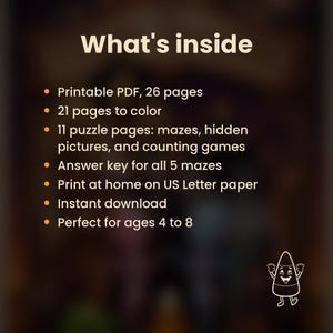 Puede incluir: Un documento digital titulado What's inside, que enumera 26 p&aacute;ginas PDF imprimibles, 21 p&aacute;ginas para colorear, 11 p&aacute;ginas de rompecabezas con laberintos, im&aacute;genes ocultas y juegos de conteo, una clave de respuestas y una ilustraci&oacute;n.