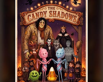 May include: A poster titled The Candy Shadows featuring a group of costumed characters including a giant, a vampire, a king, a wolf, a green slime creature, candy corn, and children under a string of lights with a full moon.