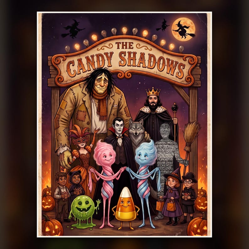Puede incluir: Un p&oacute;ster titulado The Candy Shadows que muestra a un grupo de personajes disfrazados, incluyendo un gigante, un vampiro, un rey, un lobo, una criatura de baba verde, ma&iacute;z dulce y ni&ntilde;os bajo una cadena de luces.