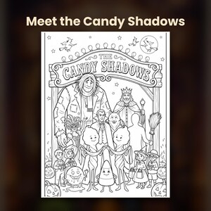Puede incluir: Una p&aacute;gina para colorear en blanco y negro titulada Meet the Candy Shadows, que muestra un grupo de personajes que incluye un gigante, un rey, un vampiro, un lobo y figuras de dulces bajo un letrero que dice The Candy Shadows.