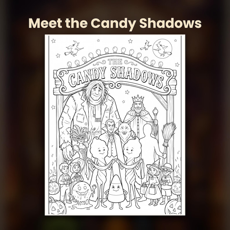 Puede incluir: Una p&aacute;gina para colorear en blanco y negro titulada Meet the Candy Shadows, que muestra un grupo de personajes que incluye un gigante, un rey, un vampiro, un lobo y figuras de dulces bajo un letrero que dice The Candy Shadows.