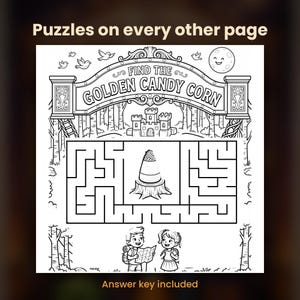 Puede incluir: Una p&aacute;gina de actividades en blanco y negro con el texto Puzzles on every other page y Answer key included. La ilustraci&oacute;n muestra un laberinto con un dulce sobre un toc&oacute;n, un castillo, p&aacute;jaros, una luna y dos ni&ntilde;os con un mapa.