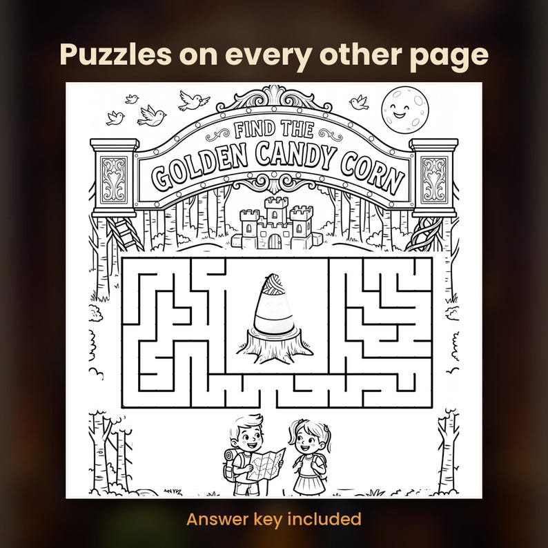 Puede incluir: Una p&aacute;gina de actividades en blanco y negro con el texto Puzzles on every other page y Answer key included. La ilustraci&oacute;n muestra un laberinto con un dulce sobre un toc&oacute;n, un castillo, p&aacute;jaros, una luna y dos ni&ntilde;os con un mapa.