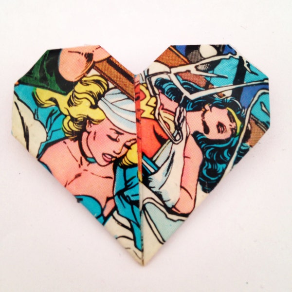 Upcycled Comic book heart brooch featuring Wonder Woman and Black Canary