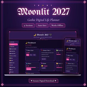 Moonlit 2027 | Dark Gothic Life Planner with Dashboard, Monthly, Weekly, Daily, Goals, Habits & Finance Web Planner