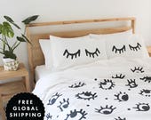 Eyes Duvet Cover - Single, Three Quarter, Queen & King 100% Cotton Bed Linen - Evil Eye - Eyelash Pillows