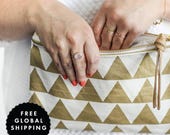 Gold Triangle Fabric & Leather Pouch - Leather Clutch