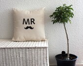 Mr Moustache Pillow Cover 16x16 inch Throw Cushion, Cute and Quirky Typographic Retro Decor For Newlyweds