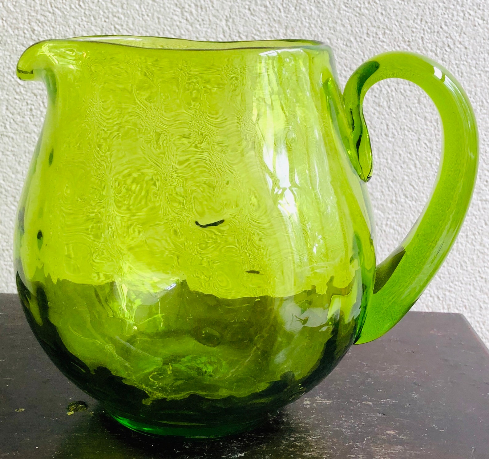 Vintage Hand blown glass green pinched pitcher large 6.5 tall Etsy