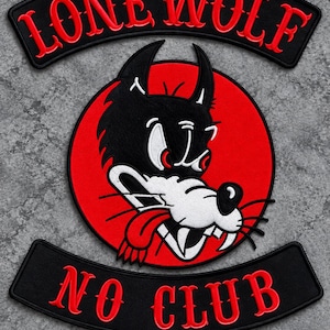 Ensemble d'écussons brodés « Loup solitaire sans club » pour gilet de motard rouge et noir.